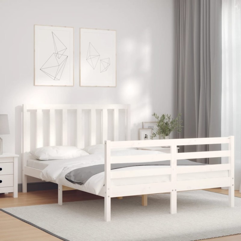vidaXL Giroletto con Testiera Bianco Small Double Legno Massello vidaXL Giroletto con Testiera Bianco Small Double Legno Massello