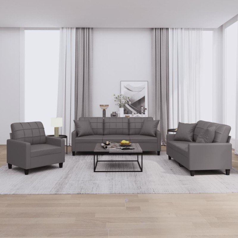 vidaXL Set di Divani 3 pz con Cuscini Grigio in Similpelle vidaXL Set di Divani 3 pz con Cuscini Grigio in Similpelle