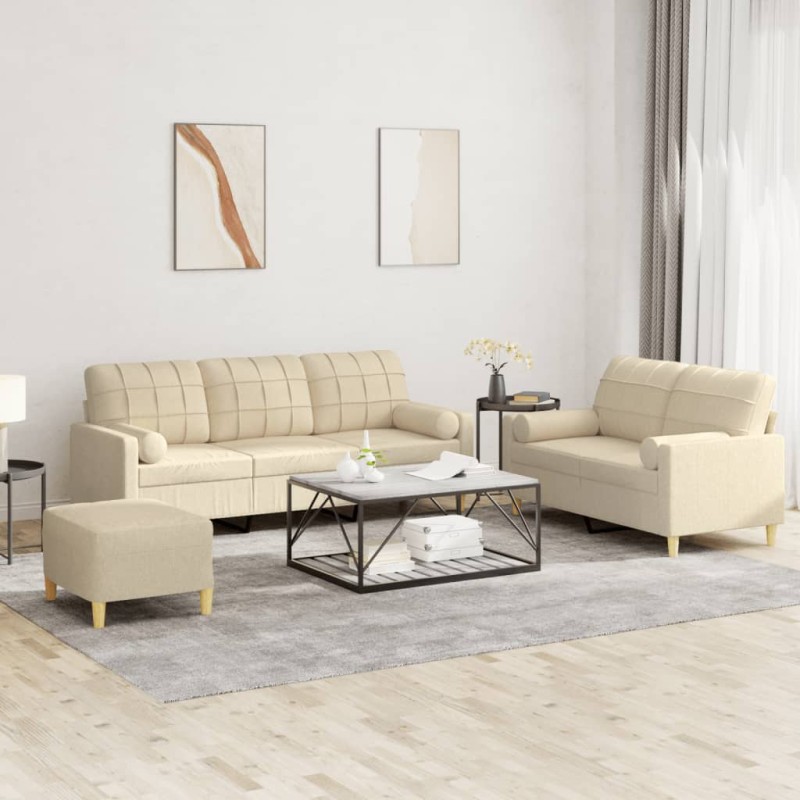 vidaXL Set Divani 3 pz con Cuscini Crema in Tessuto vidaXL Set Divani 3 pz con Cuscini Crema in Tessuto