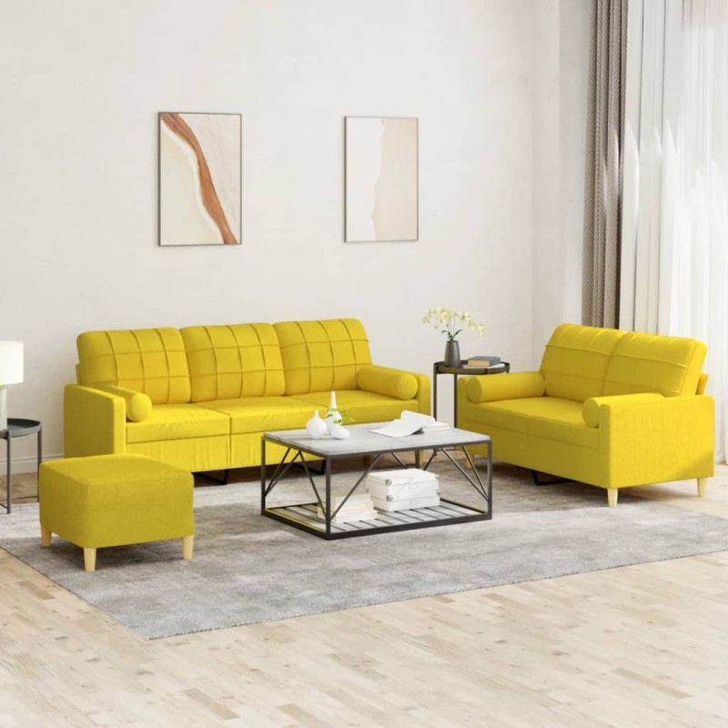 vidaXL Set di Divani 3 pz con Cuscini Giallo Chiaro in Tessuto vidaXL Set di Divani 3 pz con Cuscini Giallo Chiaro in Tessuto