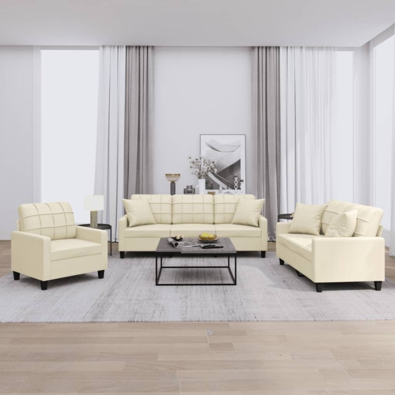 vidaXL Set di Divani 3 pz con Cuscini Crema in Similpelle vidaXL Set di Divani 3 pz con Cuscini Crema in Similpelle