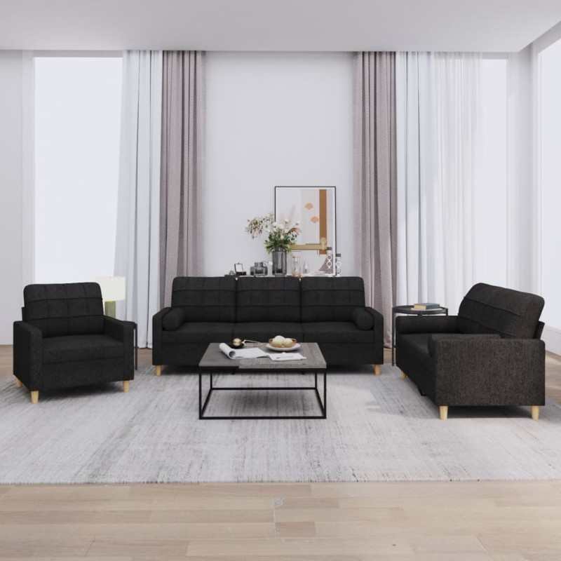 vidaXL Set Divani 3 pz con Cuscini Nero in Tessuto vidaXL Set Divani 3 pz con Cuscini Nero in Tessuto