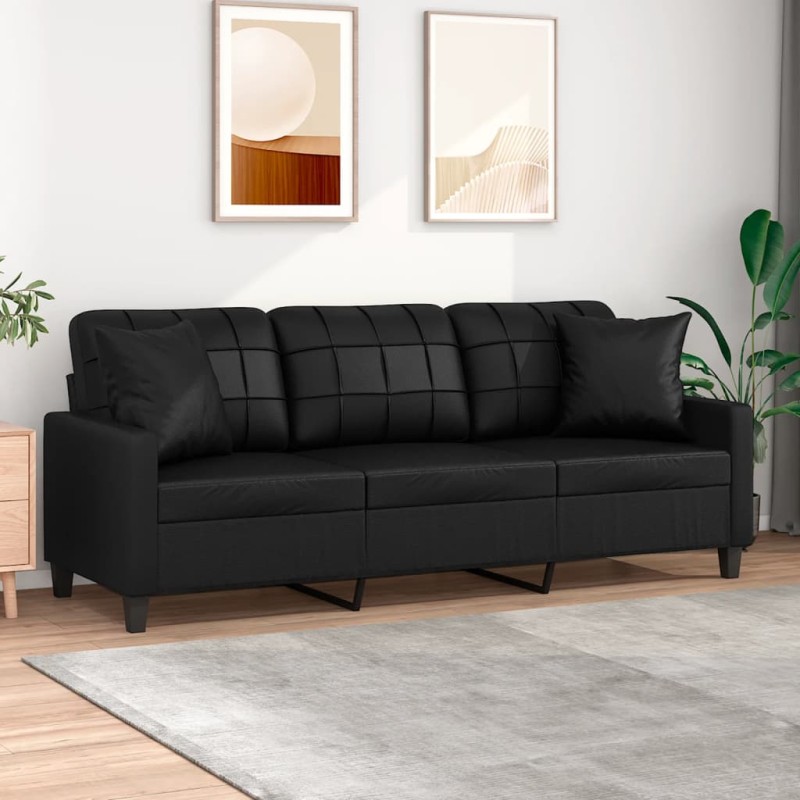 vidaXL Divano a 3 Posti con Cuscini Nero 180 cm in Similpelle vidaXL Divano a 3 Posti con Cuscini Nero 180 cm in Similpelle