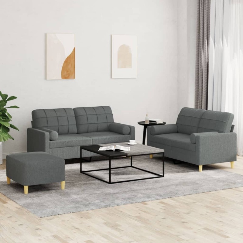 vidaXL Set di Divani 3 pz con Cuscini Grigio Scuro in Tessuto vidaXL Set di Divani 3 pz con Cuscini Grigio Scuro in Tessuto