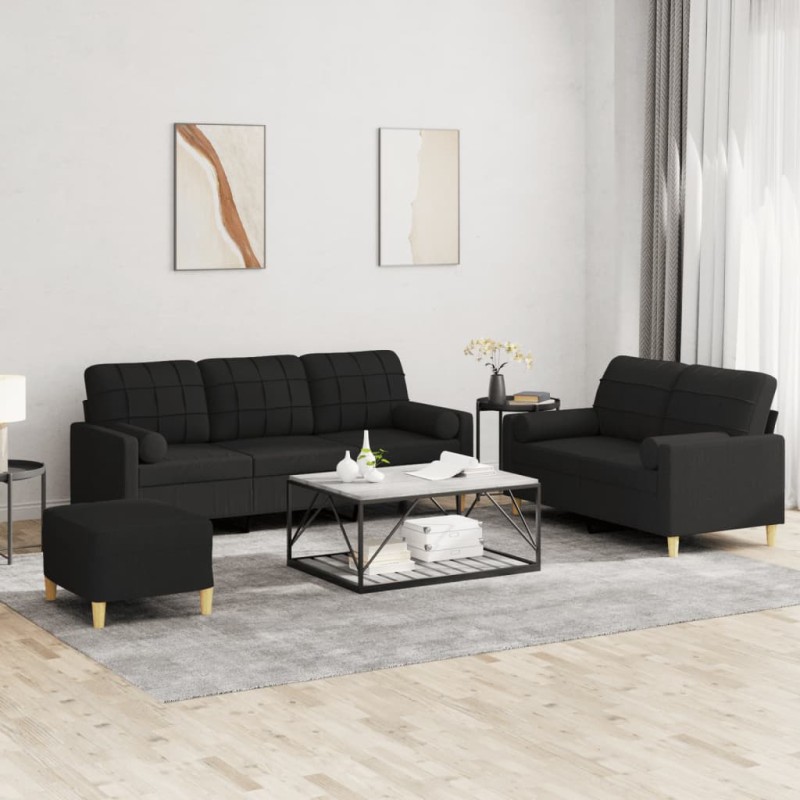 vidaXL Set Divani 3 pz con Cuscini Nero in Tessuto vidaXL Set Divani 3 pz con Cuscini Nero in Tessuto