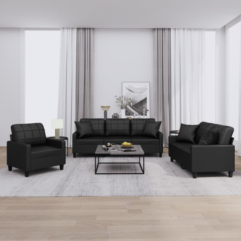 vidaXL Set di Divani 3 pz con Cuscini Nero in Similpelle