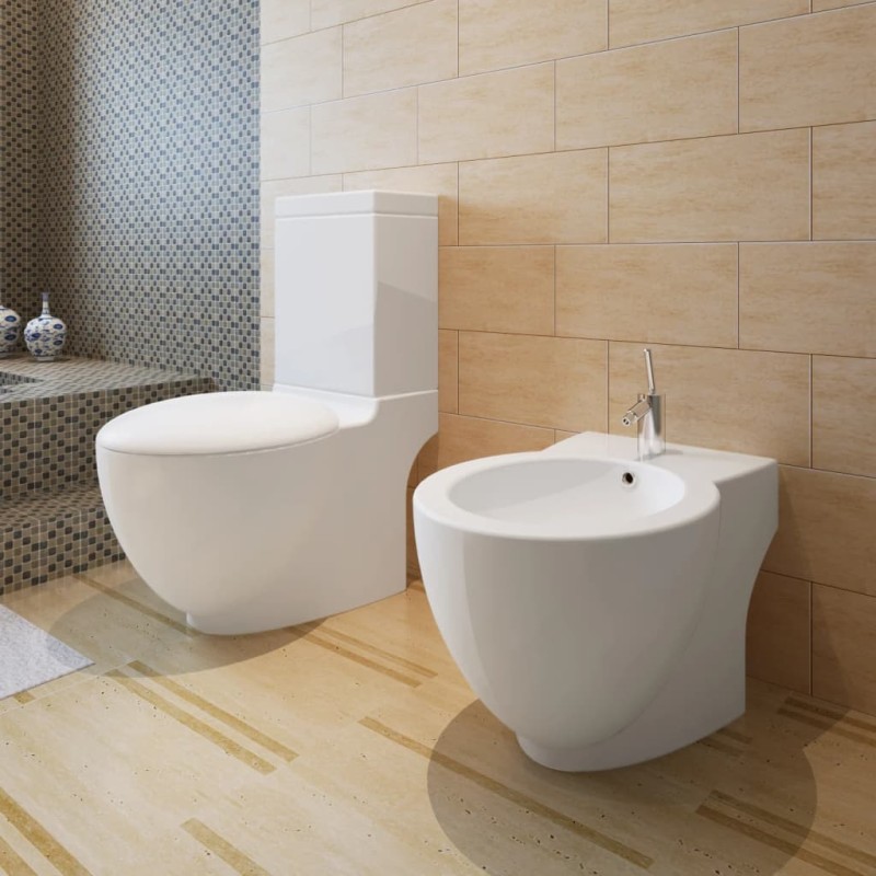 vidaXL Set WC e Bidet con Piede in Ceramica Bianca vidaXL Set WC e Bidet con Piede in Ceramica Bianca