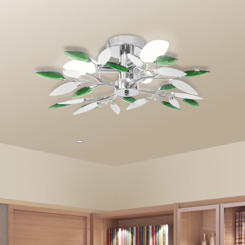 vidaXL Lampada Soffitto Foglie Bianco e Verde Cristallo Acrilico 3xE14 vidaXL Lampada Soffitto Foglie Bianco e Verde Cristallo Acrilico 3xE14