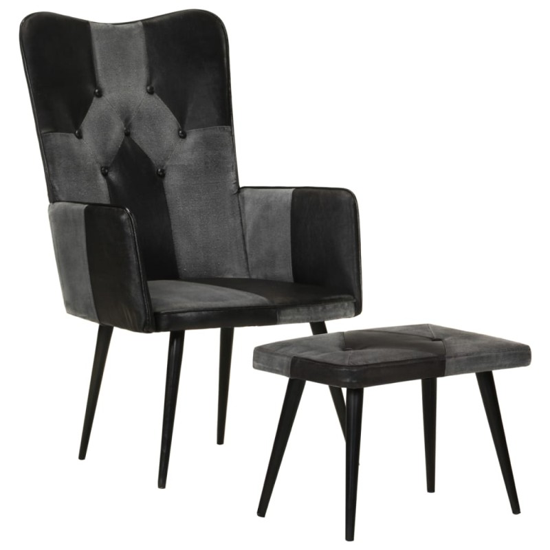 vidaXL Poltrona con Poggiapiedi Nera in Vera Pelle e Tela vidaXL Poltrona con Poggiapiedi Nera in Vera Pelle e Tela