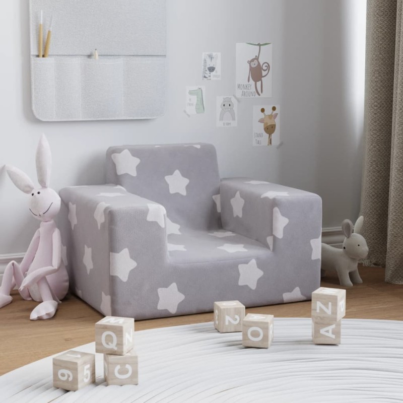 vidaXL Divano per Bambini Grigio Chiaro con Stelle in Morbido Peluche vidaXL Divano per Bambini Grigio Chiaro con Stelle in Morbido Peluche