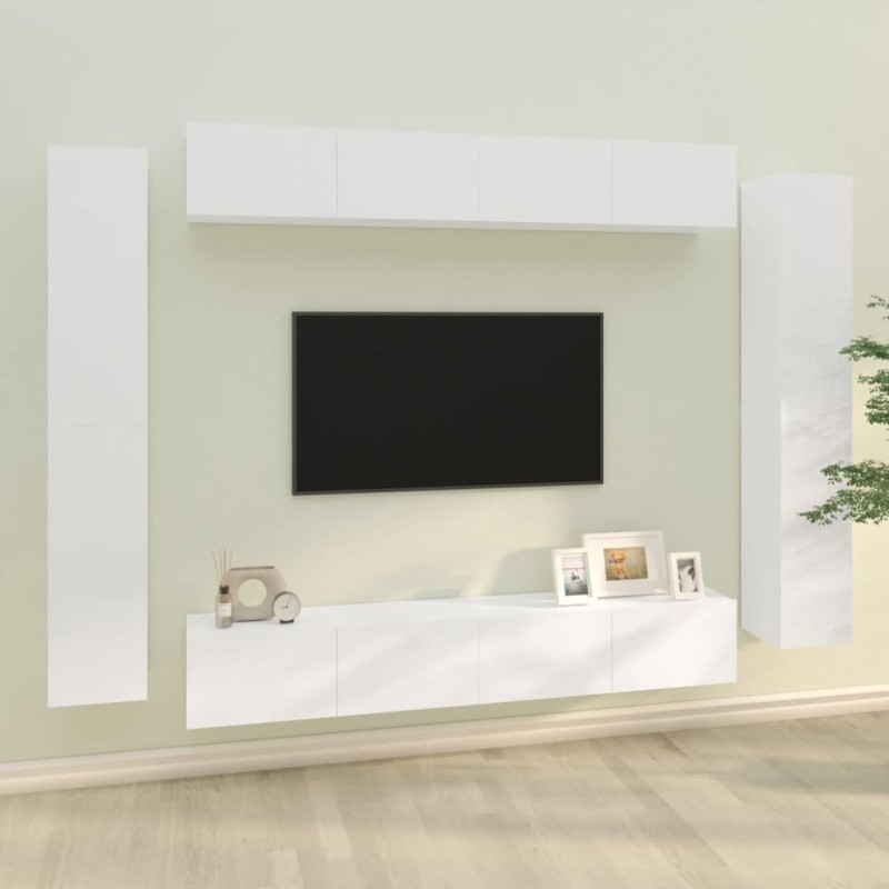 Set Mobili Porta TV 8pz Bianco Lucido in Legno Multistrato Set Mobili Porta TV 8pz Bianco Lucido in Legno Multistrato