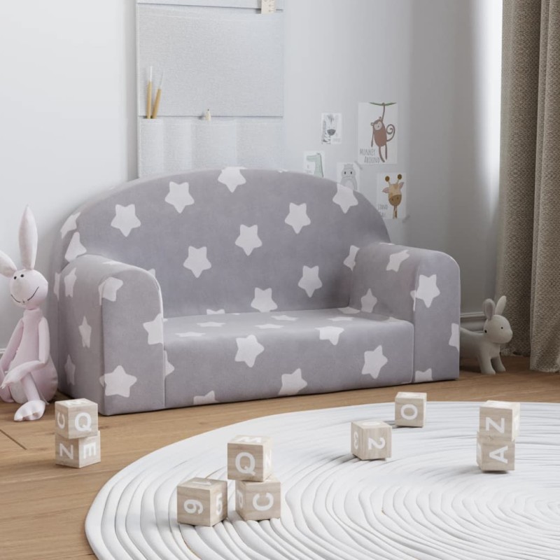 vidaXL Divano per Bambini 2 Posti Grigio Chiaro Stelle Morbido Peluche vidaXL Divano per Bambini 2 Posti Grigio Chiaro Stelle Morbido Peluche