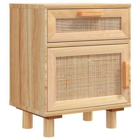 Comodino Marrone in Legno Massello di Pino e Rattan Naturale
