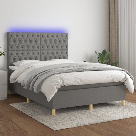 vidaXL Letto a Molle Materasso e LED Grigio Scuro 140x190cm in Tessuto