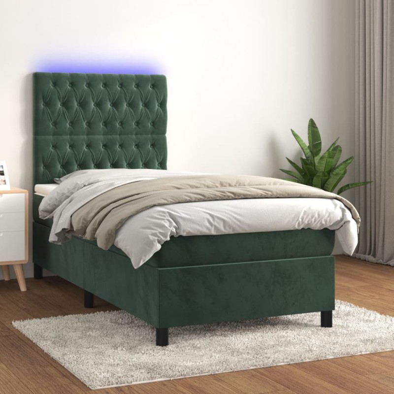 vidaXL Letto a Molle con Materasso e LED Verde Scuro 90x190 cm Velluto vidaXL Letto a Molle con Materasso e LED Verde Scuro 90x190 cm Velluto