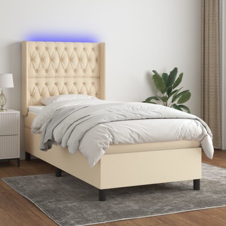 vidaXL Letto a Molle con Materasso e LED Crema 90x200 cm in Tessuto