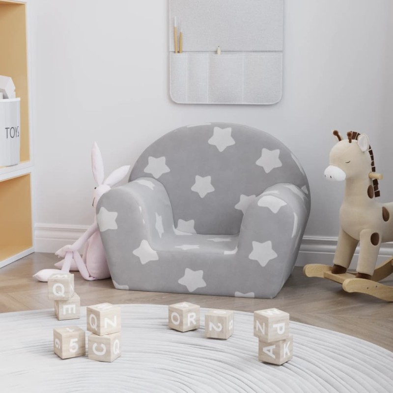 vidaXL Divano per Bambini Grigio Chiaro con Stelle in Morbido Peluche vidaXL Divano per Bambini Grigio Chiaro con Stelle in Morbido Peluche
