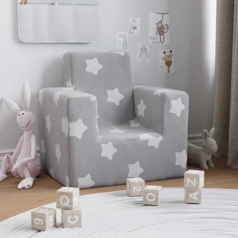 vidaXL Divano per Bambini Grigio Chiaro con Stelle in Morbido Peluche vidaXL Divano per Bambini Grigio Chiaro con Stelle in Morbido Peluche