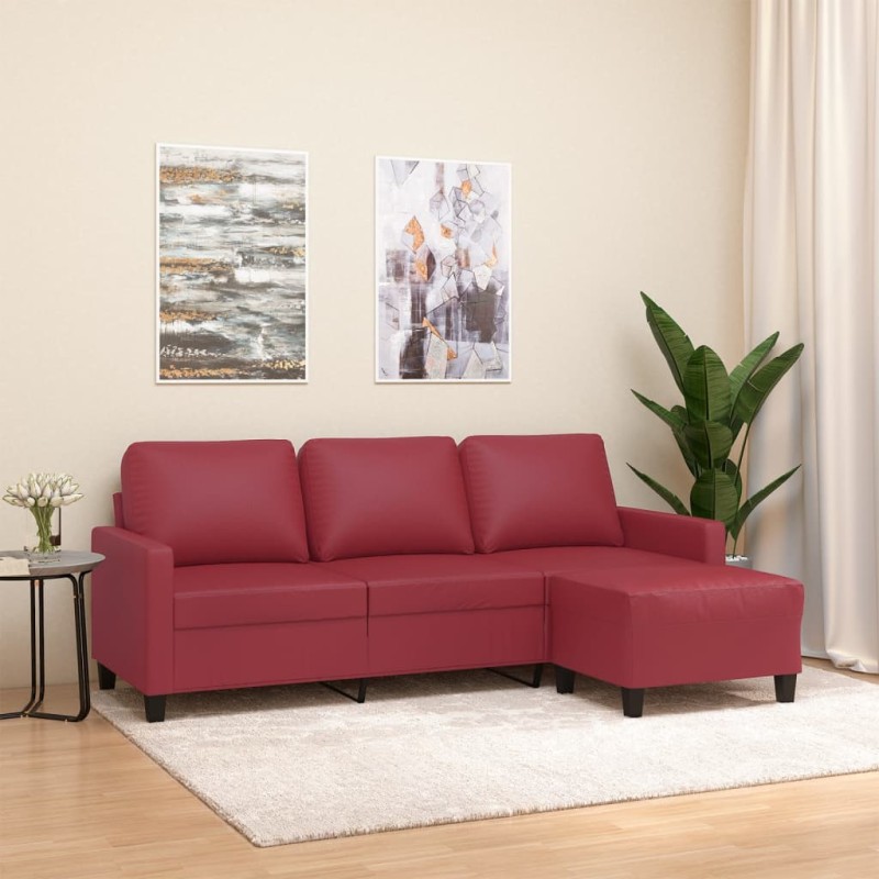 vidaXL Divano a 3 Posti con Poggiapiedi Rosso Vino 180cm in Similpelle vidaXL Divano a 3 Posti con Poggiapiedi Rosso Vino 180cm in Similpelle