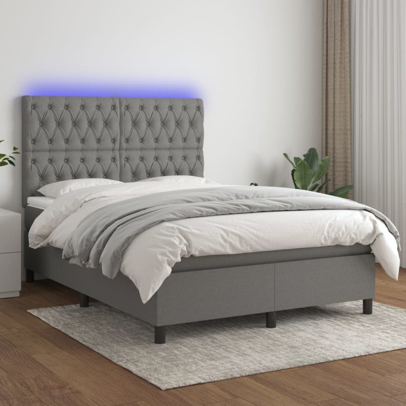 vidaXL Letto a Molle Materasso e LED Grigio Scuro 140x190cm in Tessuto vidaXL Letto a Molle Materasso e LED Grigio Scuro 140x190cm in Tessuto