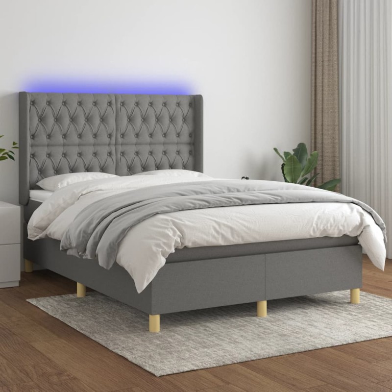 vidaXL Letto a Molle Materasso e LED Grigio Scuro 140x190cm in Tessuto vidaXL Letto a Molle Materasso e LED Grigio Scuro 140x190cm in Tessuto