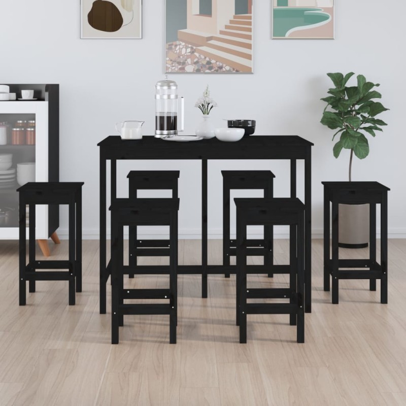 Set da Bar 7 pz Nero in Legno Massello di Pino Set da Bar 7 pz Nero in Legno Massello di Pino