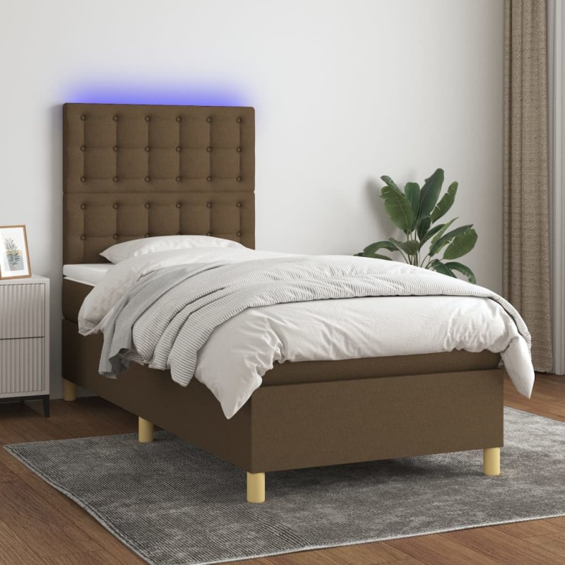 vidaXL Letto a Molle Materasso e LED Marrone Scuro 100x200 cm Tessuto vidaXL Letto a Molle Materasso e LED Marrone Scuro 100x200 cm Tessuto