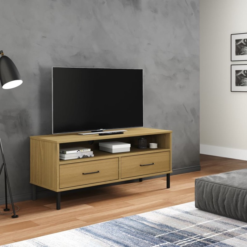 Mobile TV con Gambe Metallo Marrone Legno Massello di Pino OSLO Mobile TV con Gambe Metallo Marrone Legno Massello di Pino OSLO