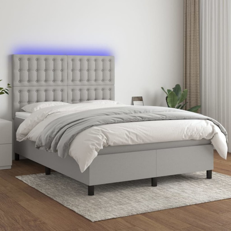 vidaXL Letto a Molle Materasso e LED Grigio Chiaro 140x200 cm Tessuto