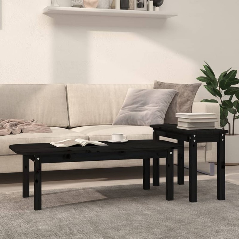 Set Tavolini da Salotto 2 pz Nero in Legno Massello di Pino Set Tavolini da Salotto 2 pz Nero in Legno Massello di Pino