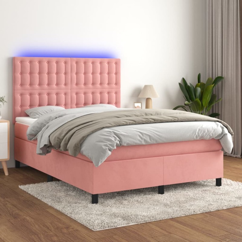 vidaXL Letto a Molle con Materasso e LED Rosa 140x200 cm in Velluto vidaXL Letto a Molle con Materasso e LED Rosa 140x200 cm in Velluto