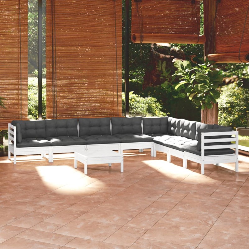 vidaXL Set Divani da Giardino 9 pz con Cuscini Bianchi Legno di Pino vidaXL Set Divani da Giardino 9 pz con Cuscini Bianchi Legno di Pino