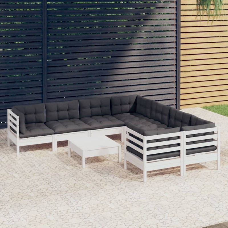 vidaXL Set Divani da Giardino 9 pz con Cuscini Bianchi in Legno Pino vidaXL Set Divani da Giardino 9 pz con Cuscini Bianchi in Legno Pino