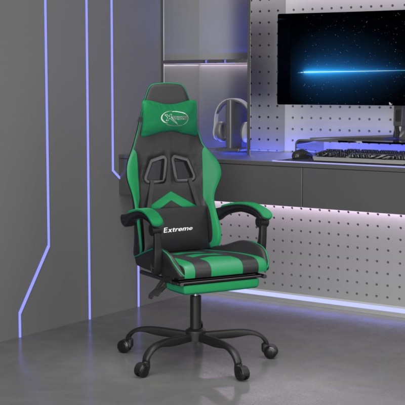 Sedia da Gaming Girevole con Poggiapiedi Nero Verde Similpelle Sedia da Gaming Girevole con Poggiapiedi Nero Verde Similpelle