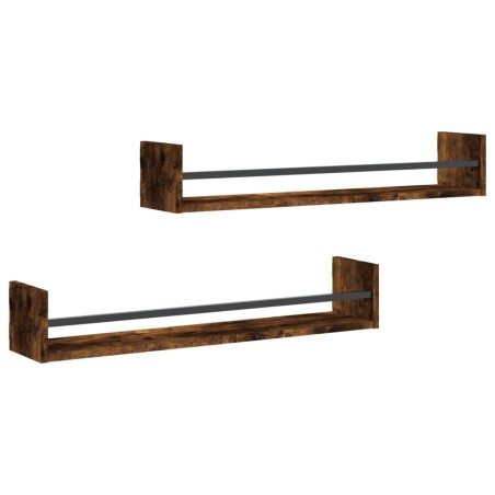 vidaXL Mensole a Parete con Aste 2pz Rovere Fumo 80x16x14 cm