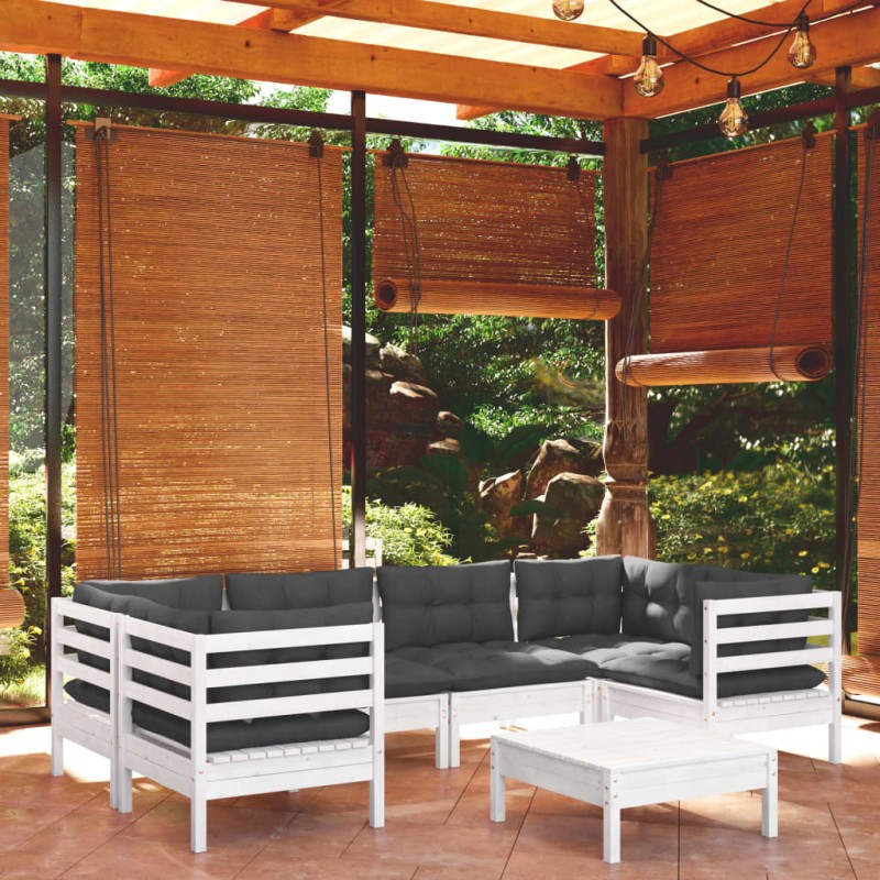 vidaXL Set Divani da Giardino 7 pz con Cuscini Bianchi Legno di Pino vidaXL Set Divani da Giardino 7 pz con Cuscini Bianchi Legno di Pino