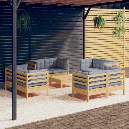 vidaXL Set Divani da Giardino 9 pz con Cuscini Grigi Massello di Pino