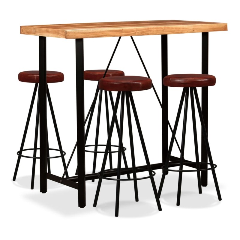 vidaXL Set da Bar 5 pz in Legno Massello di Acacia e Vera Pelle vidaXL Set da Bar 5 pz in Legno Massello di Acacia e Vera Pelle