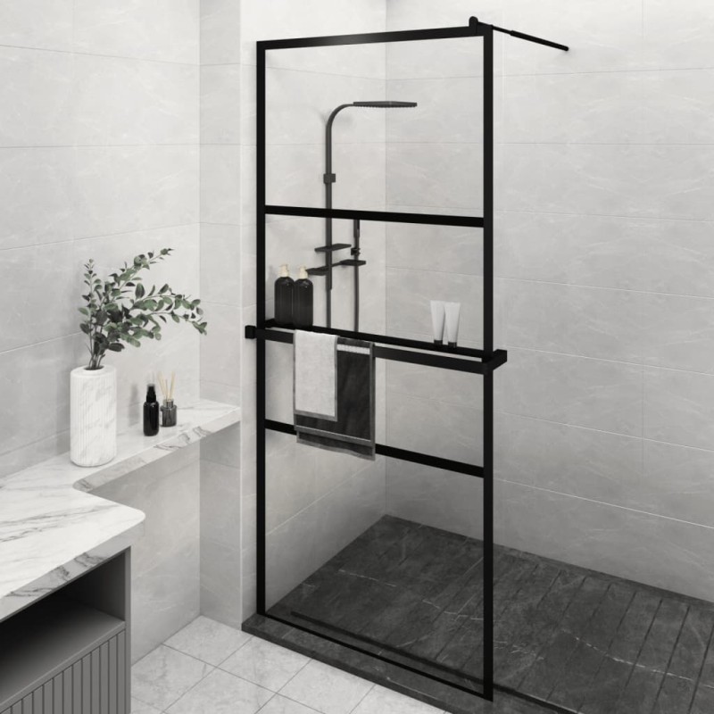 vidaXL Parete Doccia Walk in Mensola Nera 90x195cm Vetro ESG Alluminio vidaXL Parete Doccia Walk in Mensola Nera 90x195cm Vetro ESG Alluminio