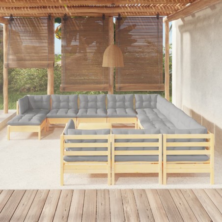 vidaXL Set Divani da Giardino 13 pz con Cuscini Grigi Massello di Pino