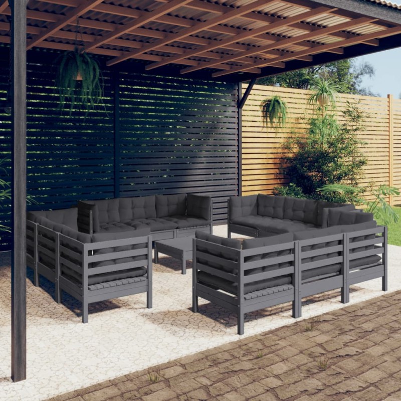 vidaXL Set Divani da Giardino 13 pz con Cuscini Antracite Legno di Pino vidaXL Set Divani da Giardino 13 pz con Cuscini Antracite Legno di Pino