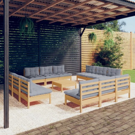 vidaXL Set Divani da Giardino 13 pz con Cuscini Grigi Massello di Pino