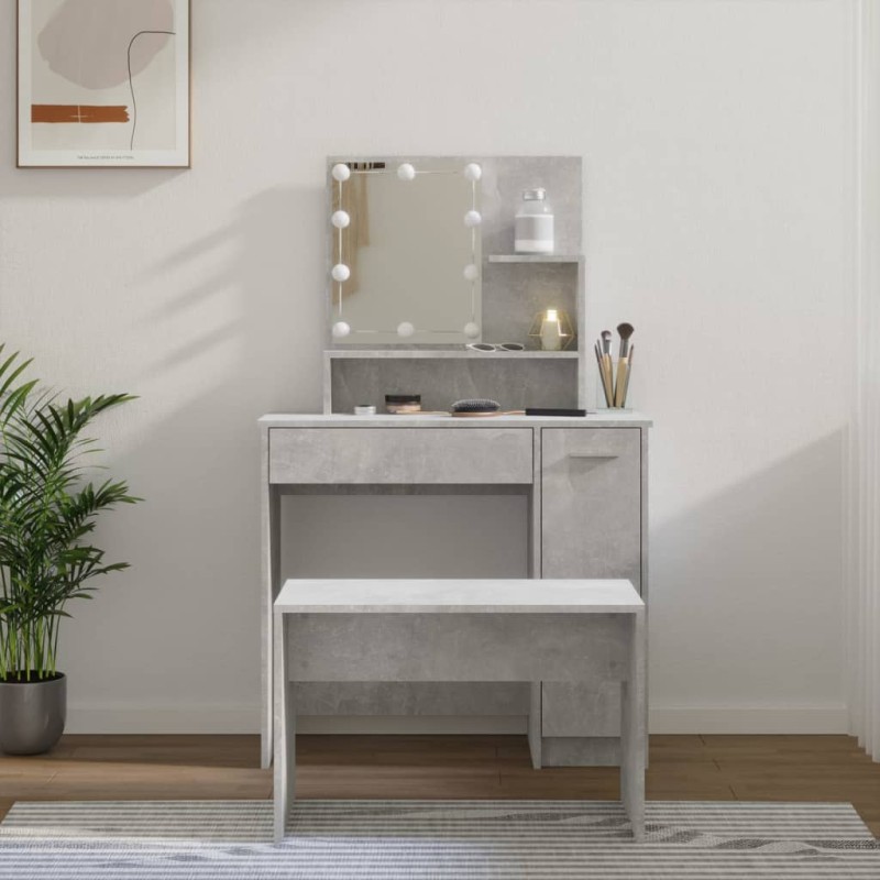 Set Tavolo da Toeletta Grigio Cemento con LED Legno Multistrato Set Tavolo da Toeletta Grigio Cemento con LED Legno Multistrato