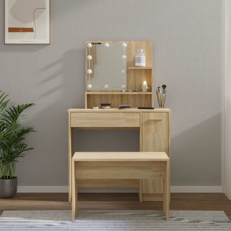 Set Tavolo da Toeletta con LED Rovere Sonoma Legno Multistrato Set Tavolo da Toeletta con LED Rovere Sonoma Legno Multistrato