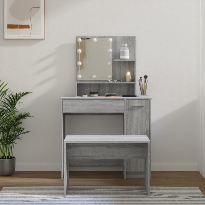Set Tavolo da Toeletta con LED Grigio Sonoma Legno Multistrato Set Tavolo da Toeletta con LED Grigio Sonoma Legno Multistrato