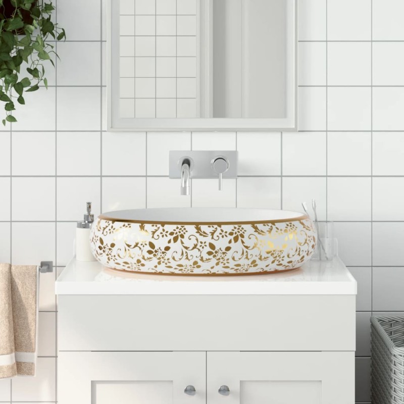 vidaXL Lavabo da Appoggio Bianco e Oro Ovale 59x40x15 cm Ceramica vidaXL Lavabo da Appoggio Bianco e Oro Ovale 59x40x15 cm Ceramica