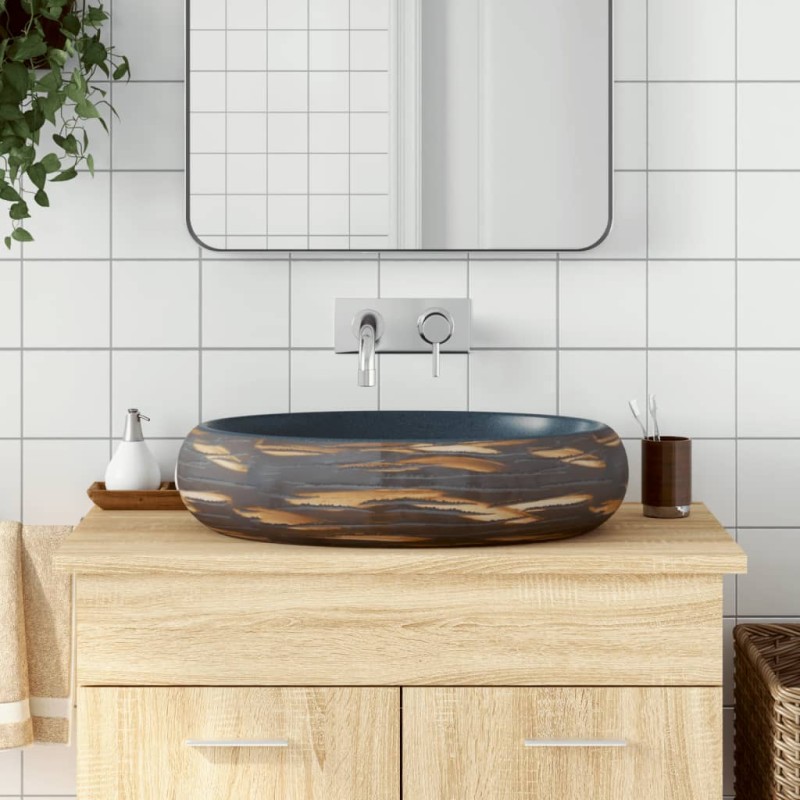 Lavabo da Appoggio Marrone e Blu Ovale 59x40x15 cm Ceramica Lavabo da Appoggio Marrone e Blu Ovale 59x40x15 cm Ceramica