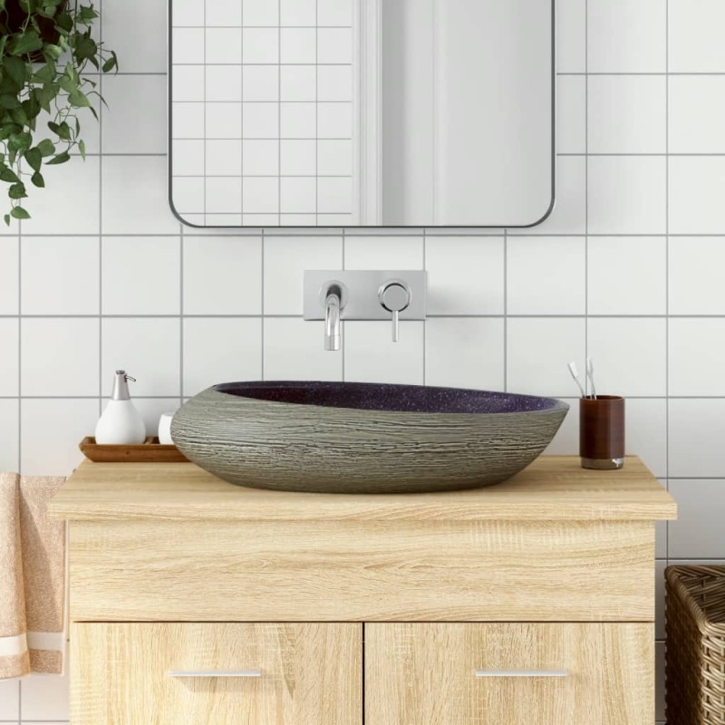 Lavabo da Appoggio Viola e Grigio Ovale 59x40x14 cm Ceramica Lavabo da Appoggio Viola e Grigio Ovale 59x40x14 cm Ceramica