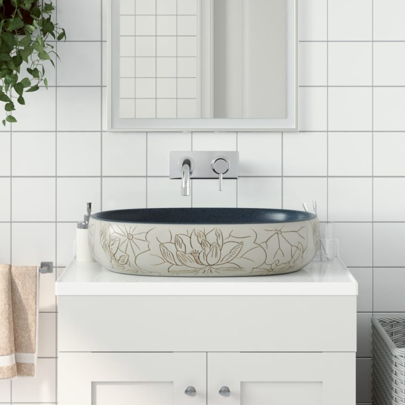 Lavabo da Appoggio Sabbia e Blu Ovale 59x40x14 cm Ceramica Lavabo da Appoggio Sabbia e Blu Ovale 59x40x14 cm Ceramica