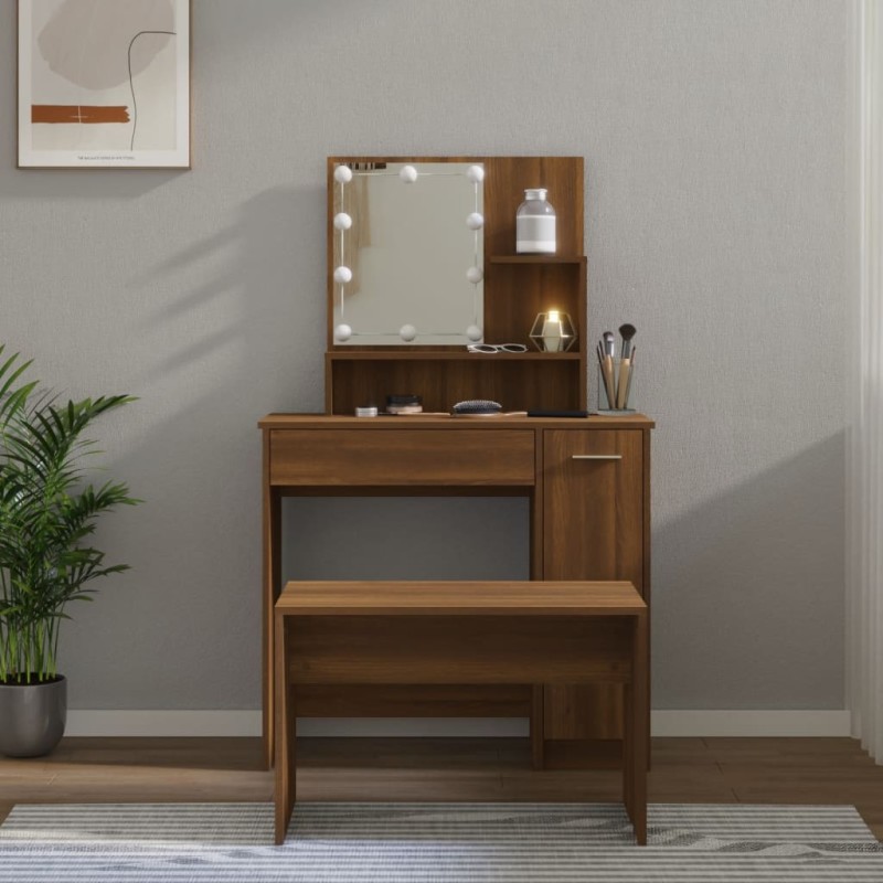 vidaXL Set Tavolo da Toeletta con LED Rovere Marrone Legno Multistrato vidaXL Set Tavolo da Toeletta con LED Rovere Marrone Legno Multistrato
